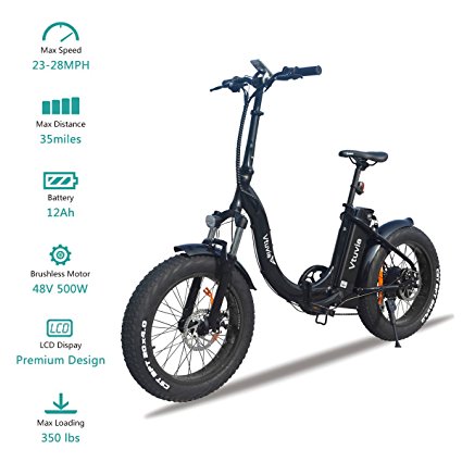 VTUVIA Folding Electric Bicycle 20 Inch Fat Tire Bike 500W motor City Mountain E-Bike with 48V 12AH Removable Samsung Lithium-Ion Battery