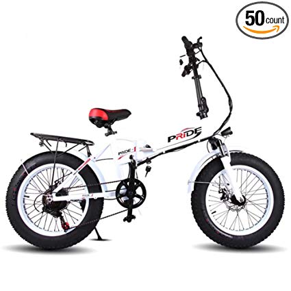 PRIDE Folding Electric Mountain Bike with 20 Inch Fat Tire ,48V Lithium Battery 250W Aluminum Mountain Snow Beach Bicycles , Shimano 6 Speeds Gear …